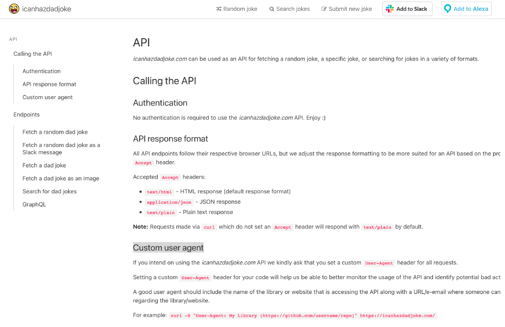 icanhazdadjoke API documentation