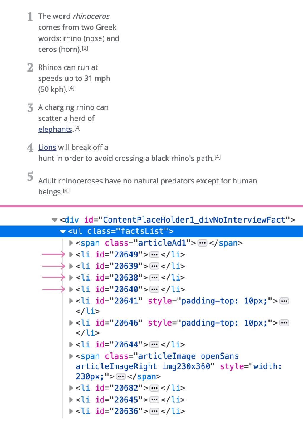 HTML structure of Facts list